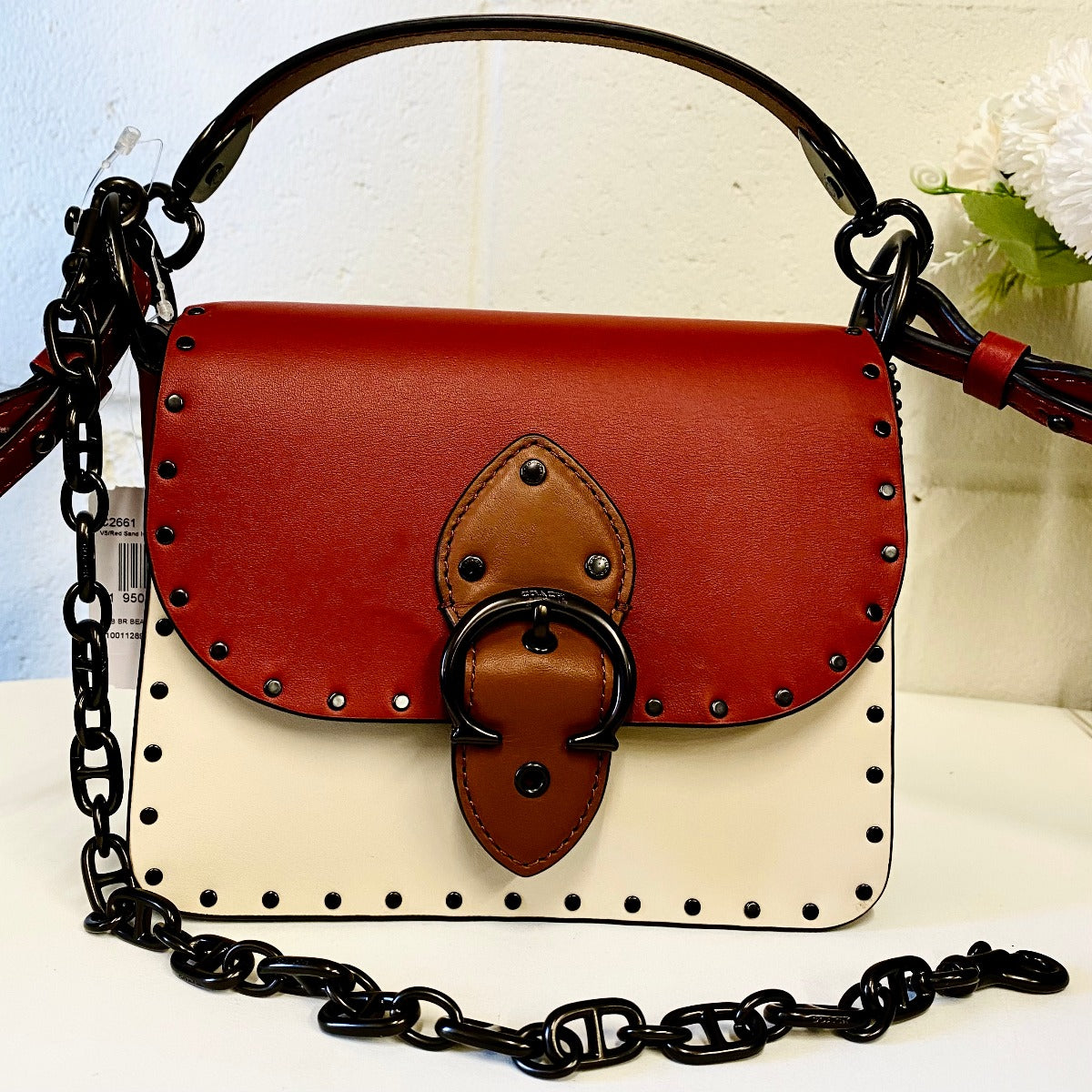 Coach C2661 Beat Shoulder Bag 18 In Colorblock With Rivets In Red Sand Ivory Multi Coach C2661 Beat Shoulder Bag 18 In Colorblock With Rivets In Red Sand Ivory Multi